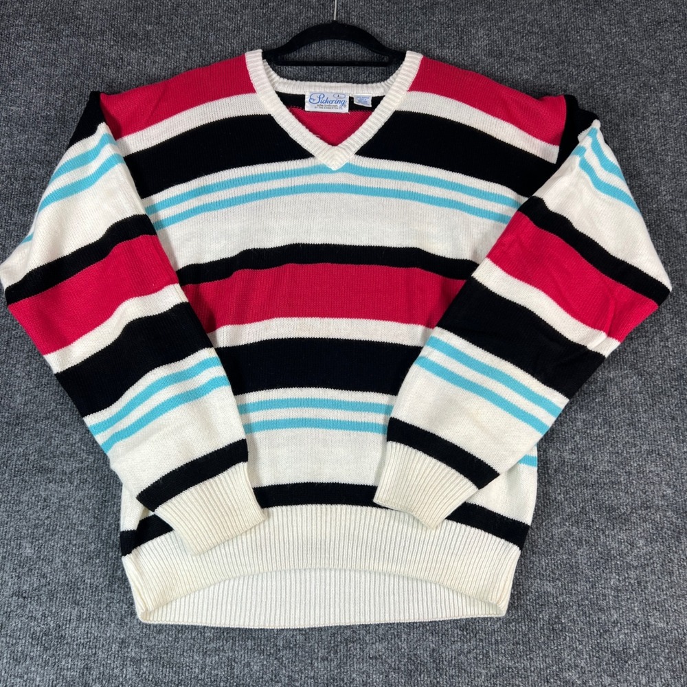 Pickering Active Sportswear Women's Striped‎ V Neck Sweater Size L Acrylic Y2K